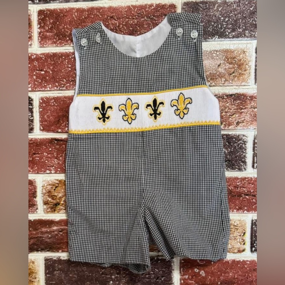 Krewe Smocked Fleur de Lis shortall Jon Jon 3m boutique